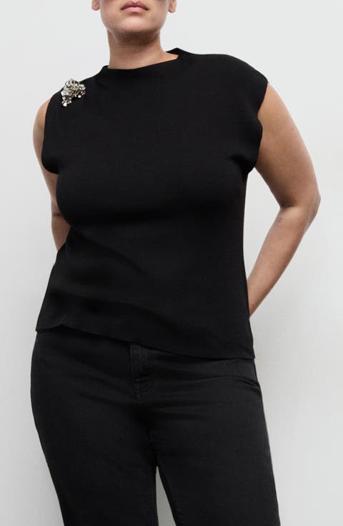 Flower Embellished Knit Shell (Plus)