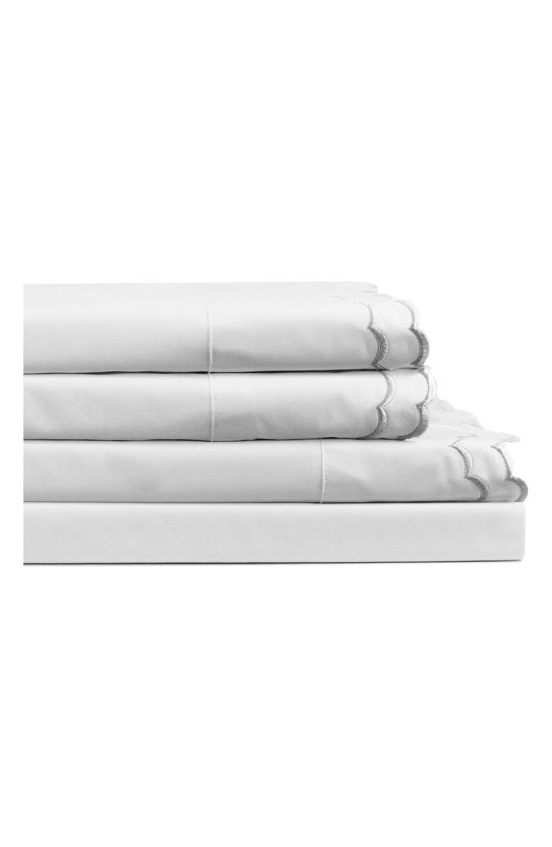 MELANGE HOME Double Scallop Embroidered 300 Thread Count 100% Cotton Sheet Set, Main, color, Grey/ White