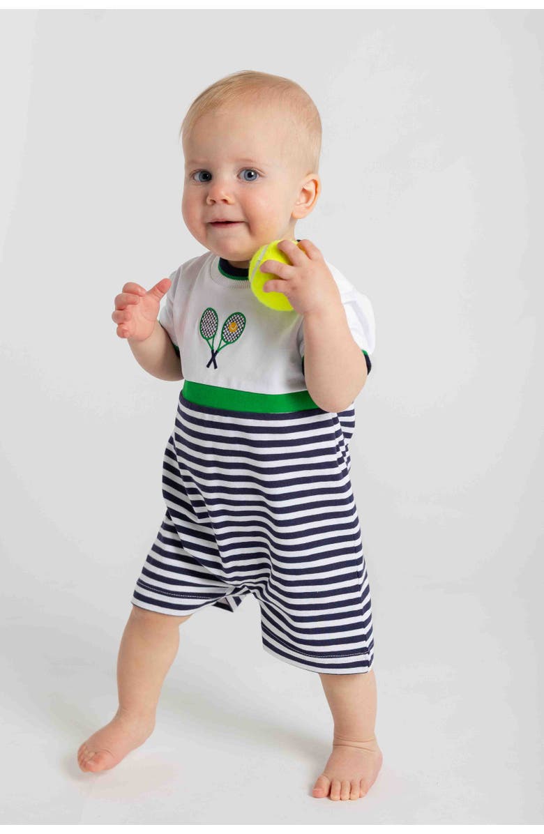 Florence Eiseman Stripe Knit Shortall with Tennis Rackets, Alternate, color, Navy/White