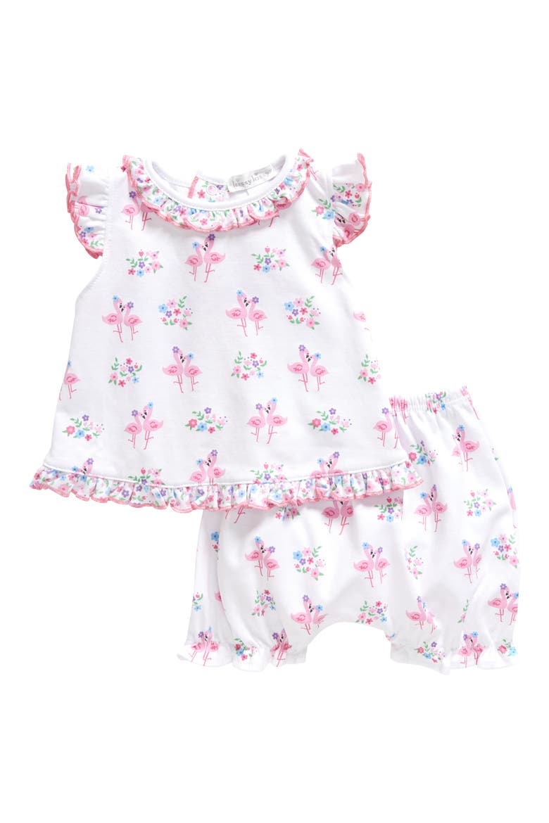 Flamingo Print Ruffled Cotton Top & Shorts Set, Main, color, MULTI PINK