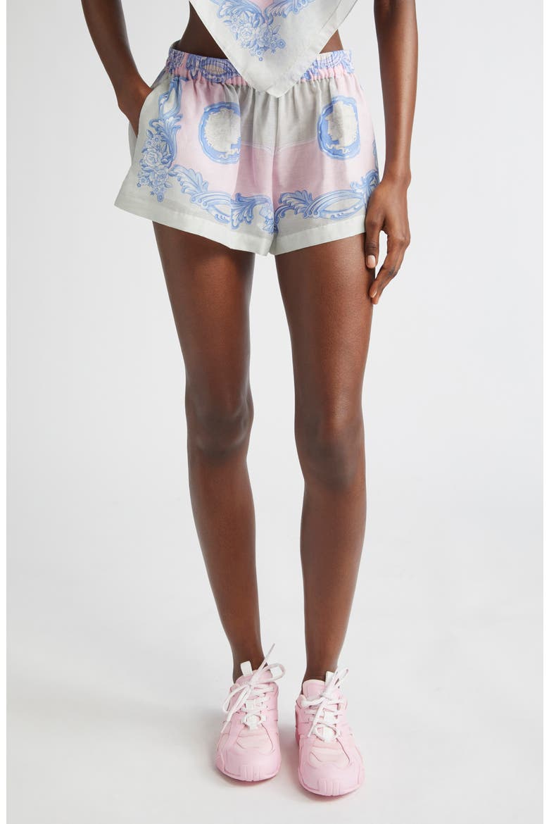 Medusa Cameo Print Cover-Up Shorts, Main, color, PASTEL PINK LIGHT GREY