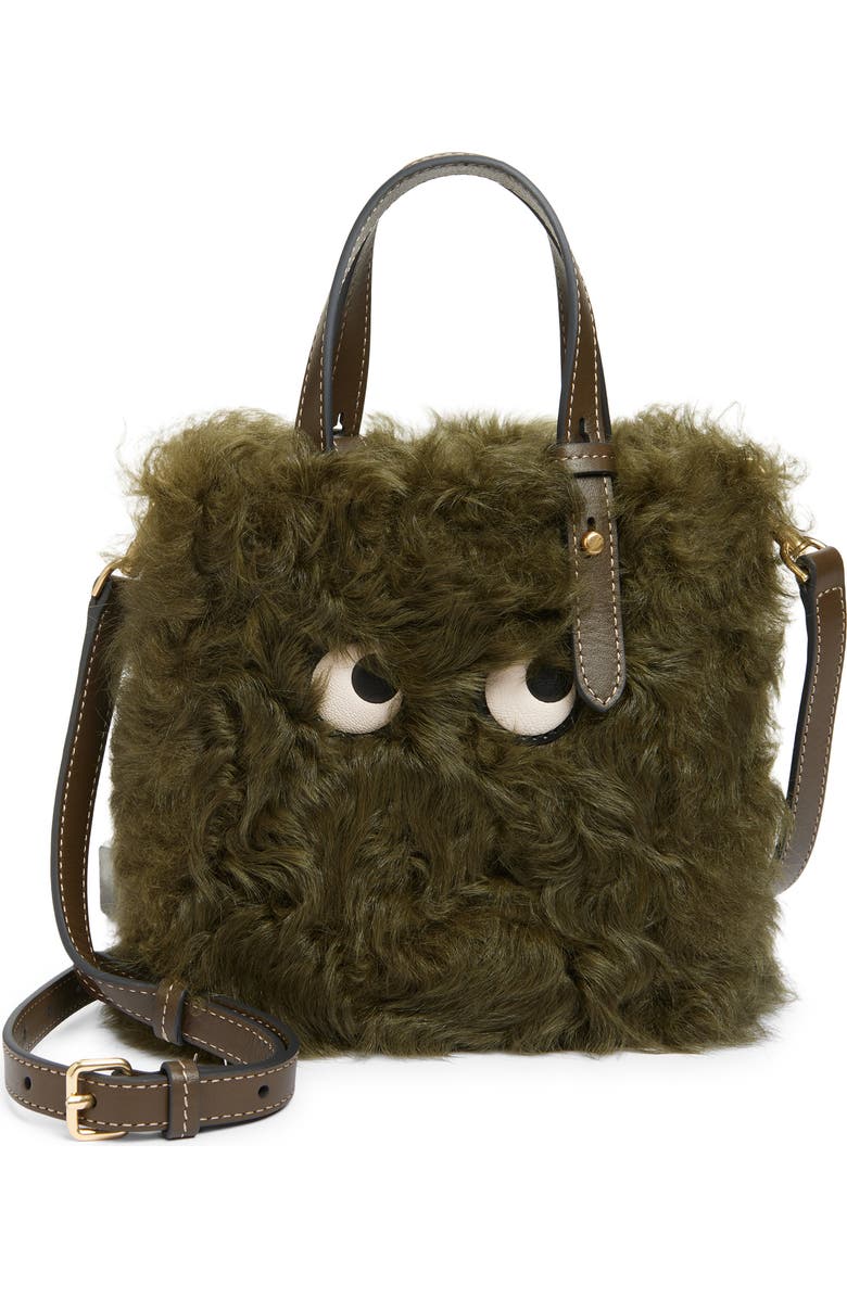 Anya Hindmarch Mini Eyes Genuine Shearling Crossbody Bag, Main, color, Khaki