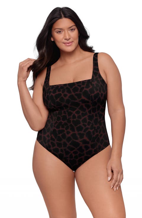 Square Neck Lace-Up Back One Piece Swimsuit