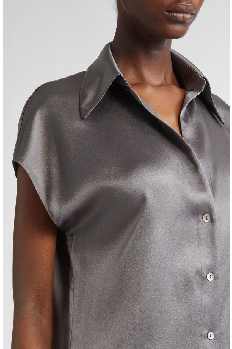 Cap Sleeve Gathered Back Short Sleeve Silk Button-Up Shirt, Alternate, color, WOLF