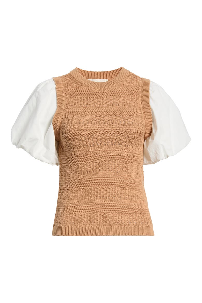 Danni Puff Sleeve Pointelle Knit Top, Alternate, color, CAMEL