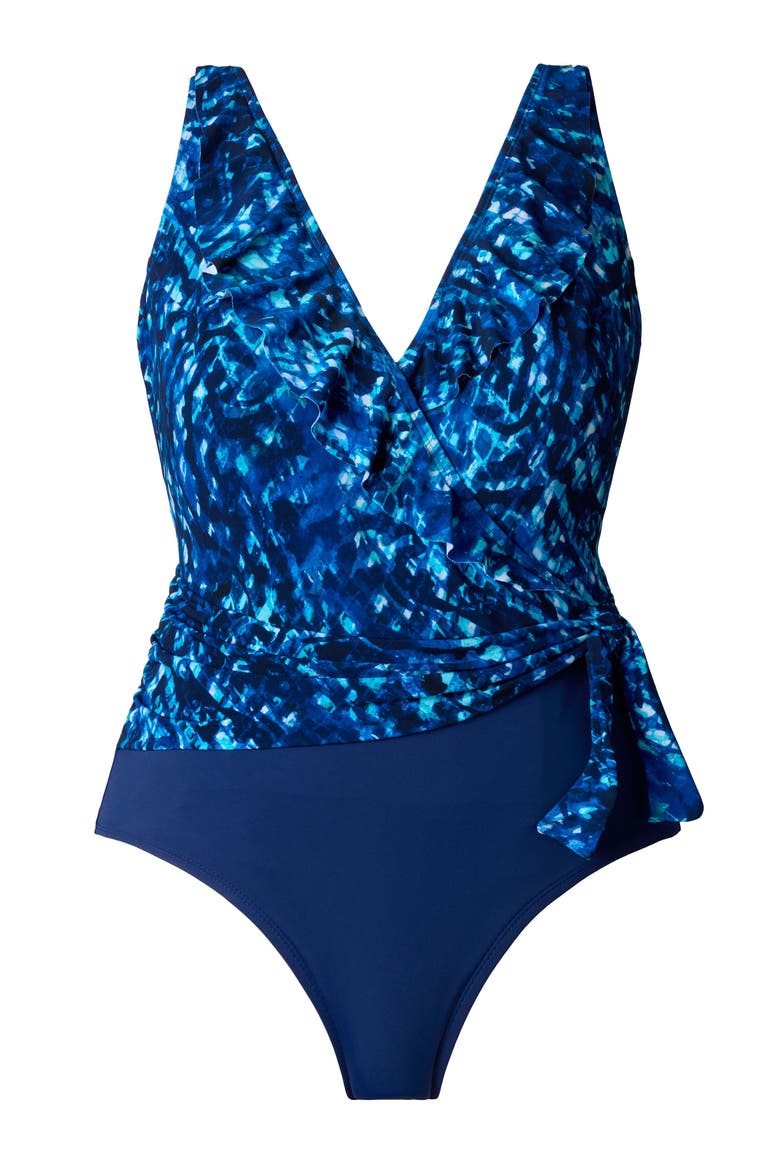 Ruffle Front Sash Surplice Long Torso One-Piece Swimsuit, Alternate, color, Sweet Siren