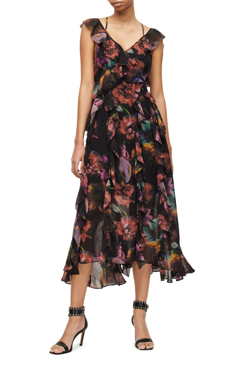 Fali Ahiahi Floral Ruffle Midi Dress, Main, color, BLACK