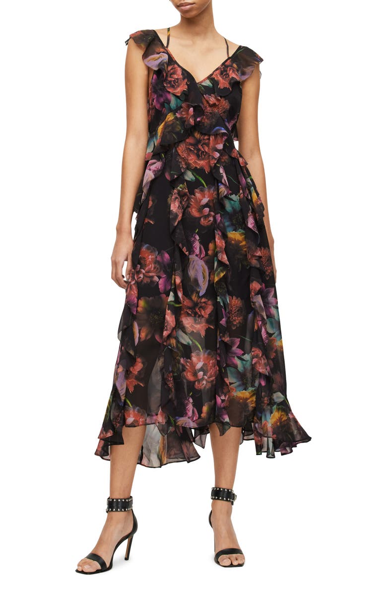 AllSaints Fali Ahiahi Floral Ruffle Midi Dress, Main, color,