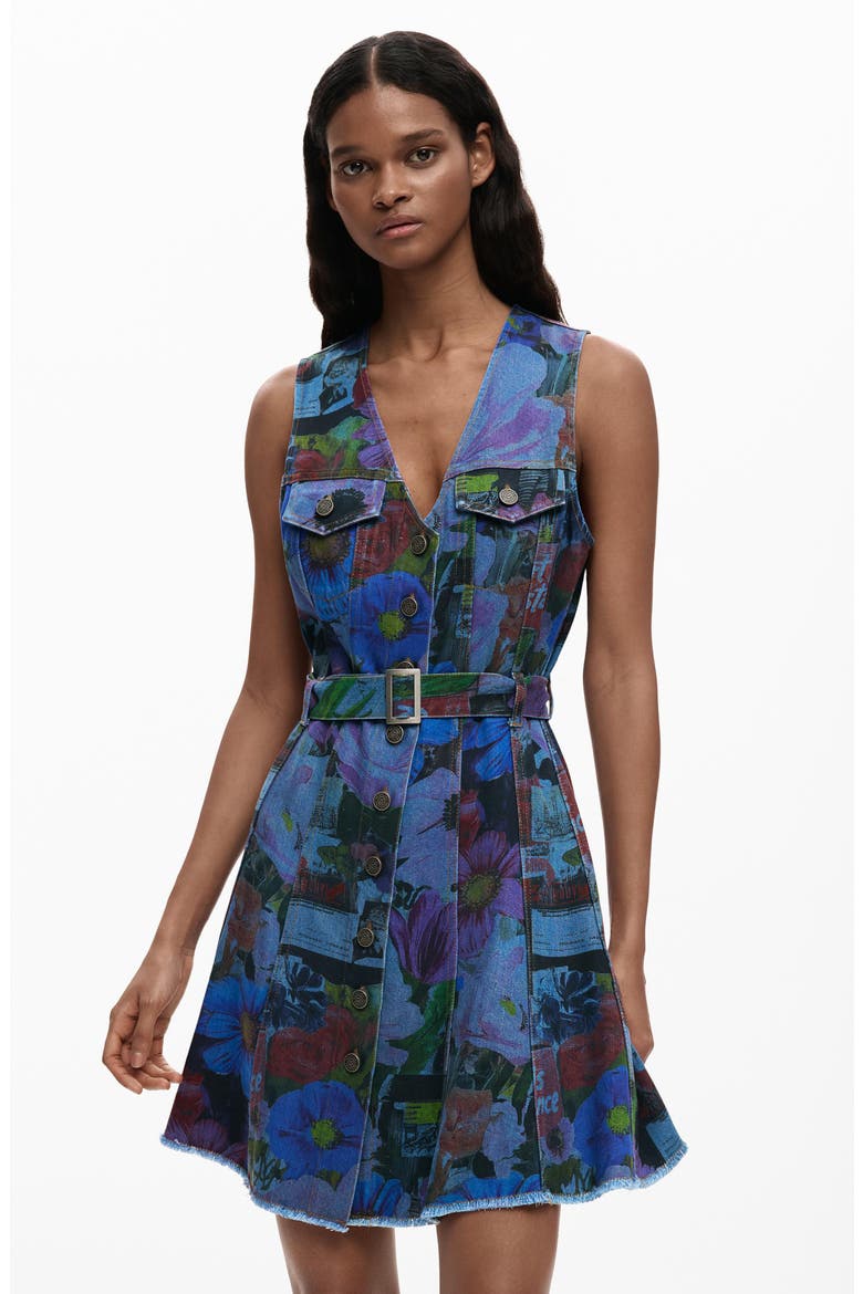 Floral Print Denim Minidress, Alternate, color, DARK BLUE