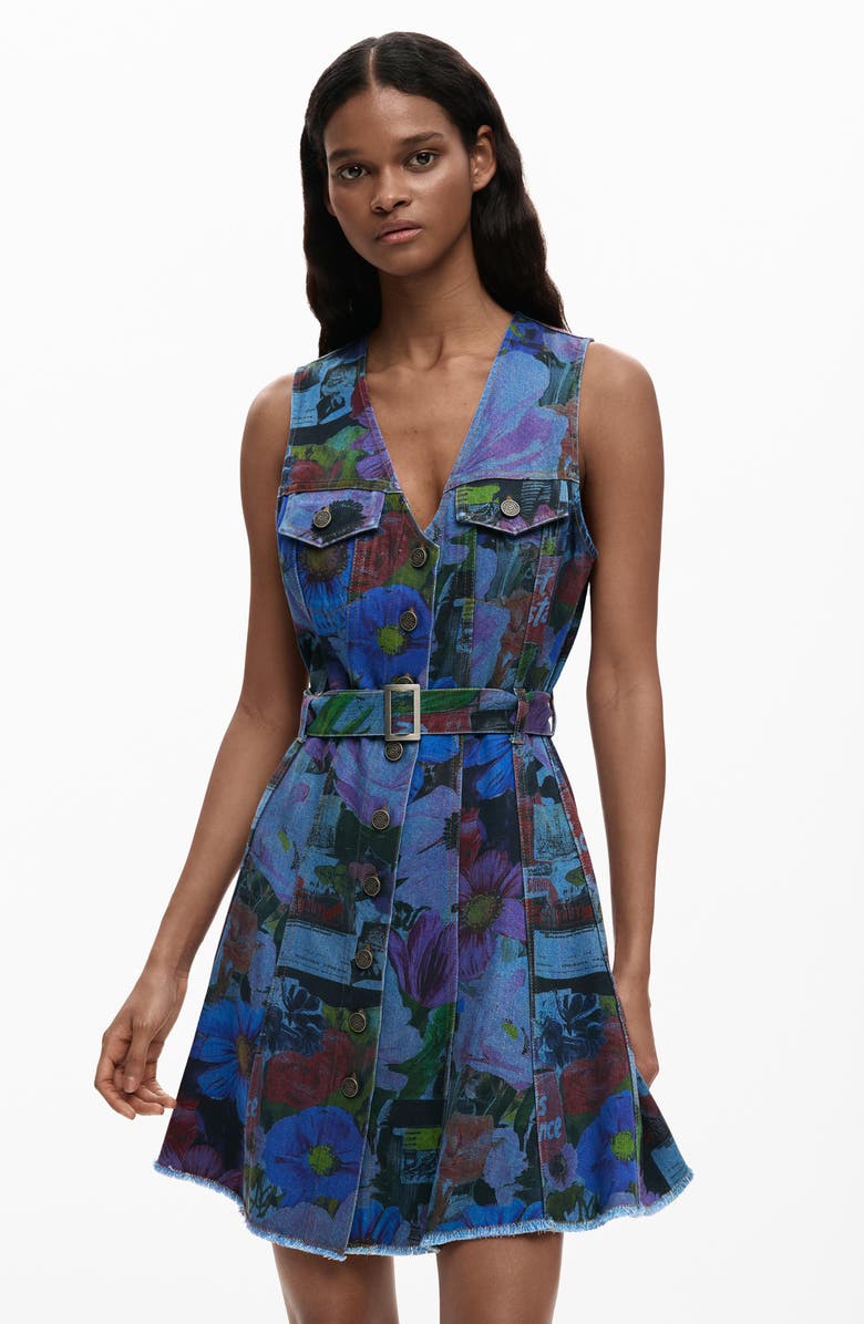 Desigual Floral Print Denim Minidress, Alternate, color, Dark Blue
