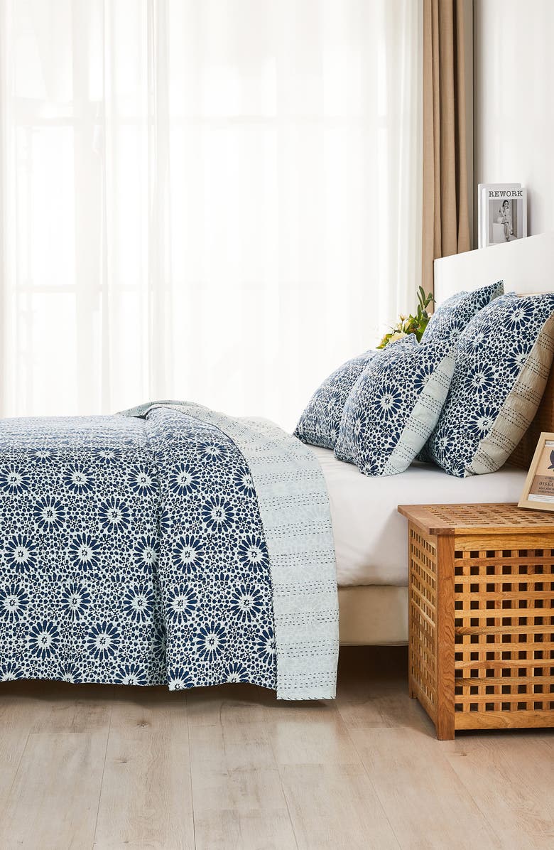 MELANGE HOME Flower Burst Kantha Cotton Coverlet, Alternate, color, Indigo