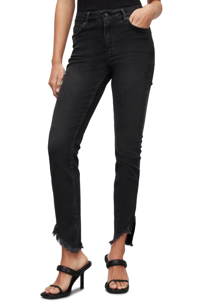 AllSaints Dax Frayed Asymmetric Hem Skinny Jeans, Main, color,