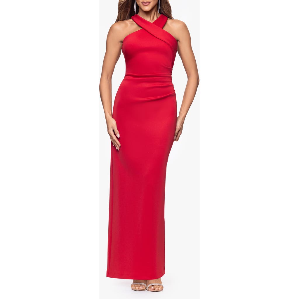 Xscape Evenings Pleated Sleeveless Scuba Gown In Red