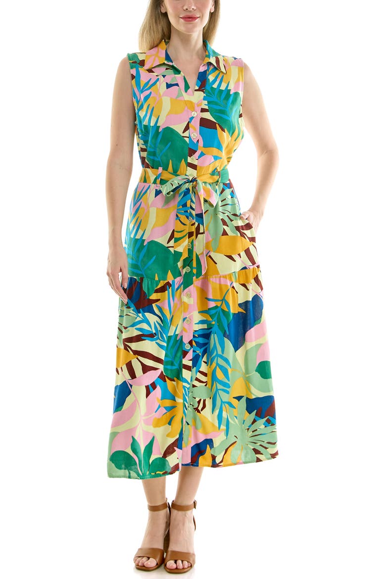 Sleeveless Belted Midi Shirtdress, Alternate, color, ABSTRACT BOTANICAL GREEN