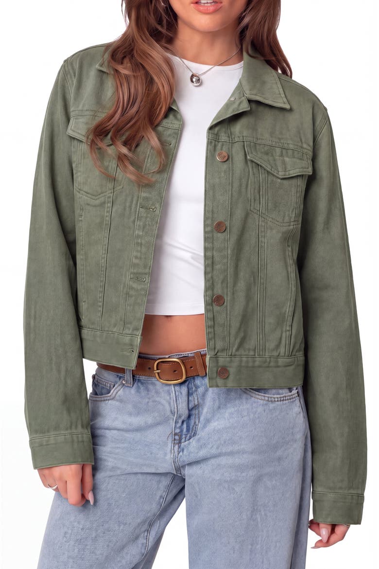 Stretch Cotton Twill Trucker Jacket, Main, color, Green
