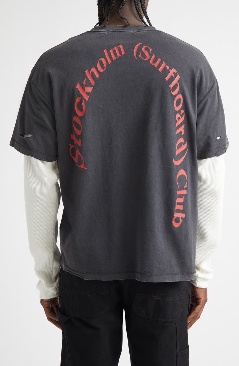 STOCKHOLM SURFBOARD CLUB Box Fit Distressed Layered Recycled Cotton T-Shirt, Alternate, color, Black