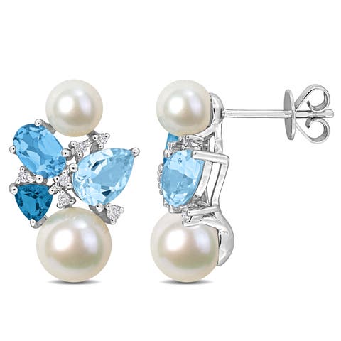 Pearl Blue Topaz & Diamond Earrings 14k