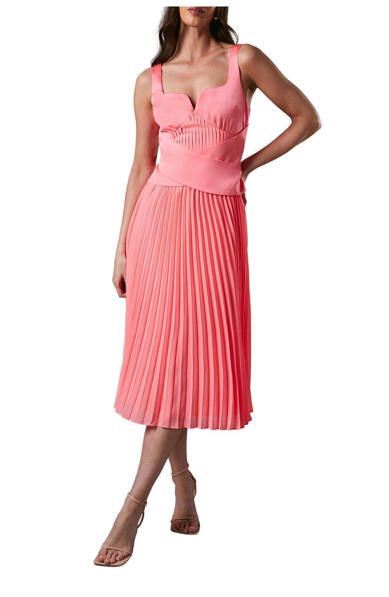 Coast Peplum Cross Detail Pleated Midi Dress, Alternate, color, Coral