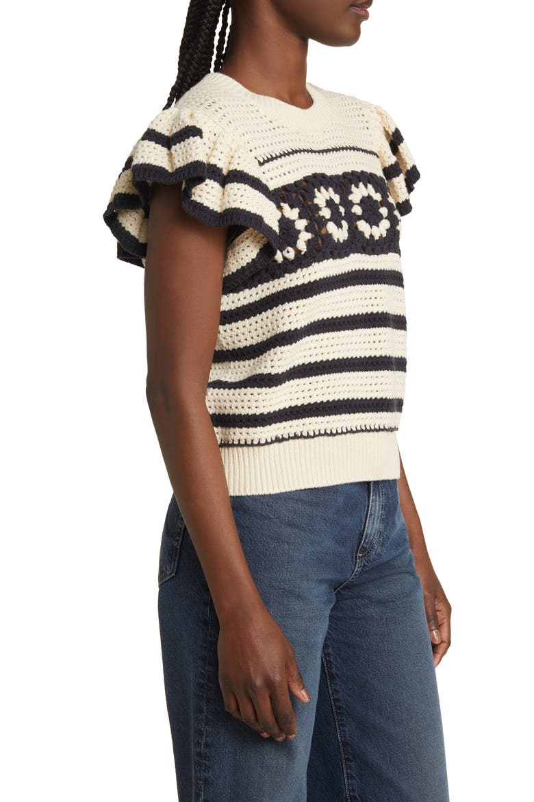 Penelope Short Sleeve Open Stitch Sweater, Alternate, color, OAT NAVY CROCHET STRIPE