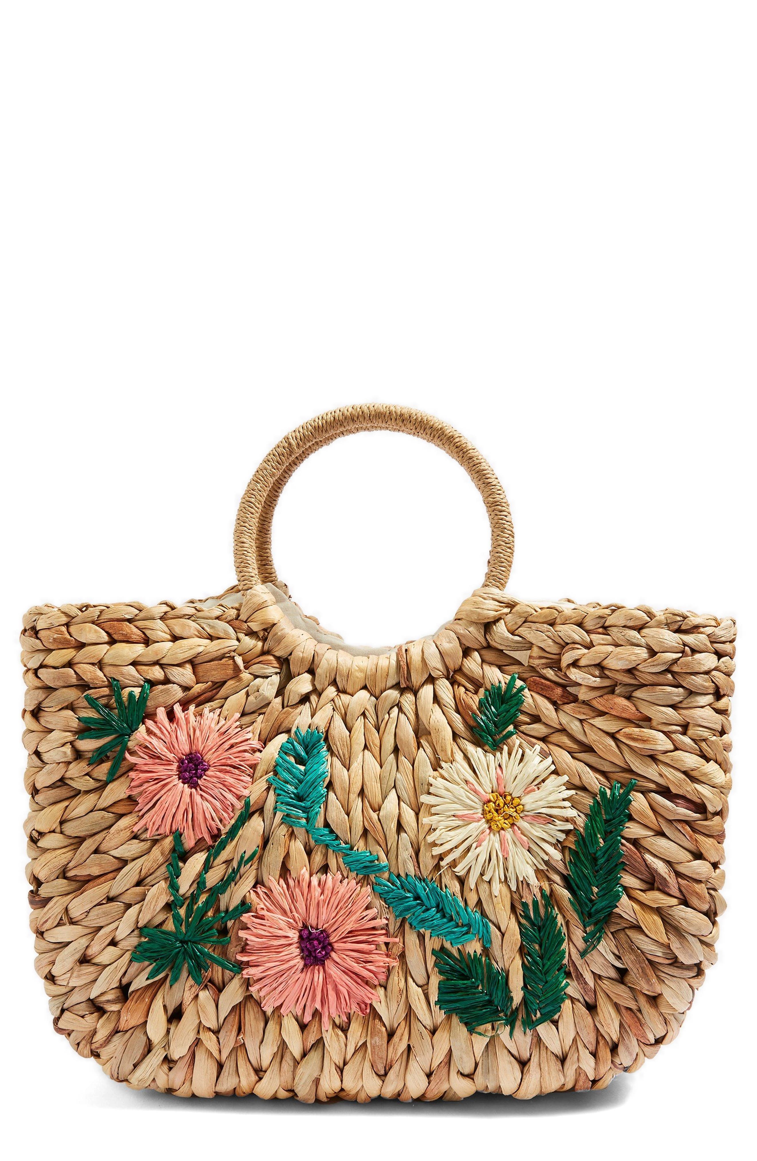 Beverly Floral Embroidered Straw Tote Bag, Main, color, NUDE MULTI