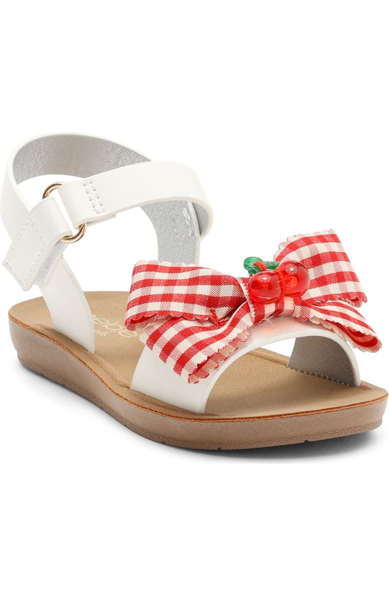 bebe Kids' Cherry Gingham Bow Sandal, Main, color, White