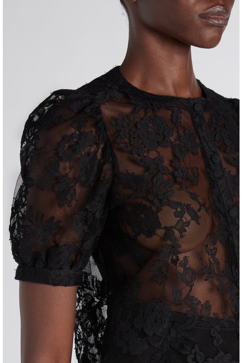 Puff Sleeve Sheer Floral Lace Shirt, Alternate, color, BLACK