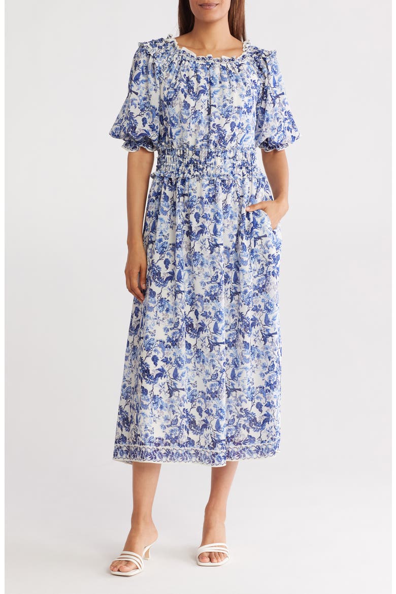 Floral Balloon Sleeve Georgette Maxi Dress, Main, color, CREAM/ BLUE LUSH GRDN TOILE