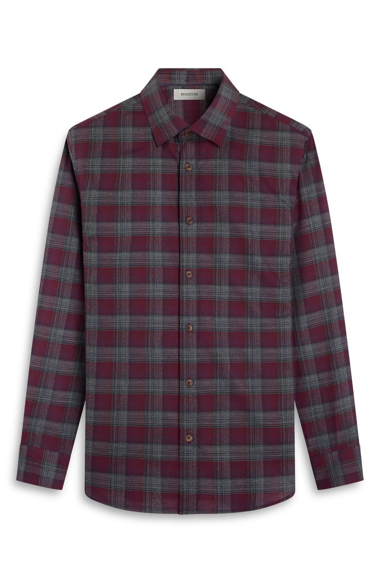 Bugatchi Karl Shaped Fit Plaid Cotton & Cashmere Button-Up Shirt, Alternate, color, Burgundy