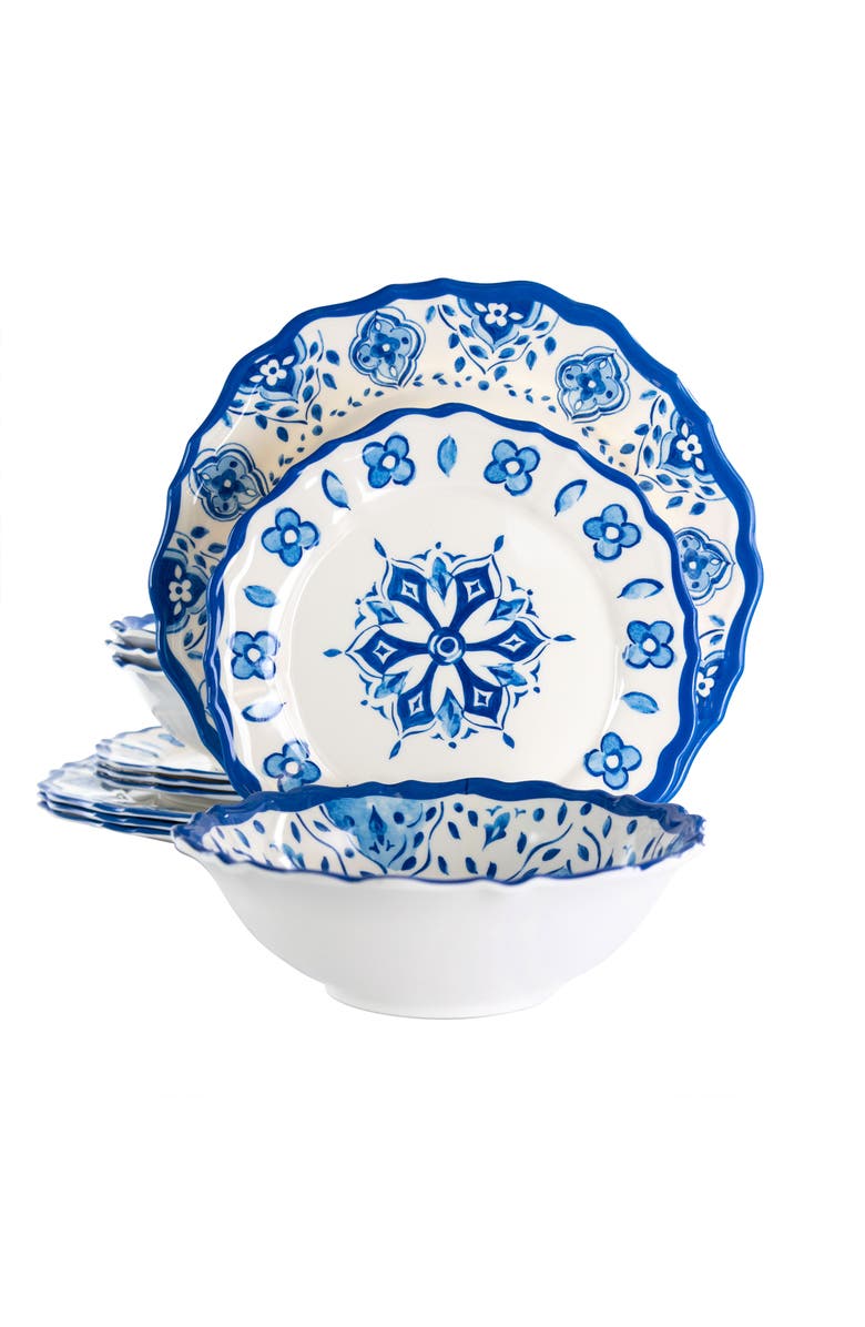 Elama Blue Garden 12 Piece Scalloped Lightweight Melamine Dinnerware Set, Main, color, Blue