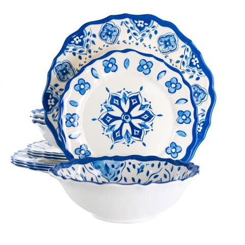 Blue Garden 12 Piece Scalloped Lightweight Melamine Dinnerware Set