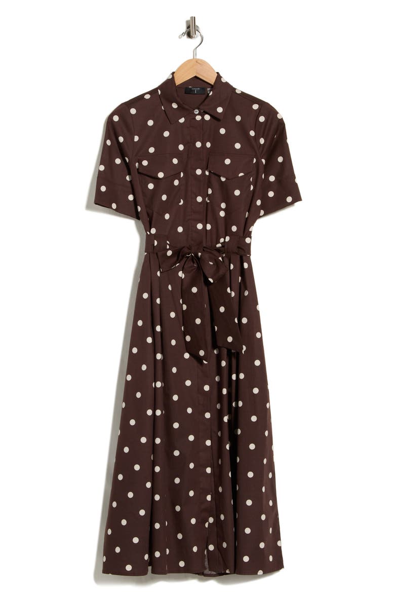 Polka Dot Stretch Cotton Midi Shirtdress, Main, color, COCOA BEAN DOT