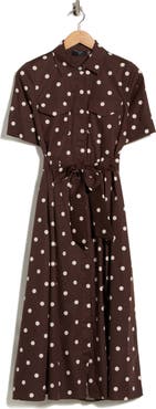 T Tahari Polka Dot Stretch Cotton Midi Shirtdress