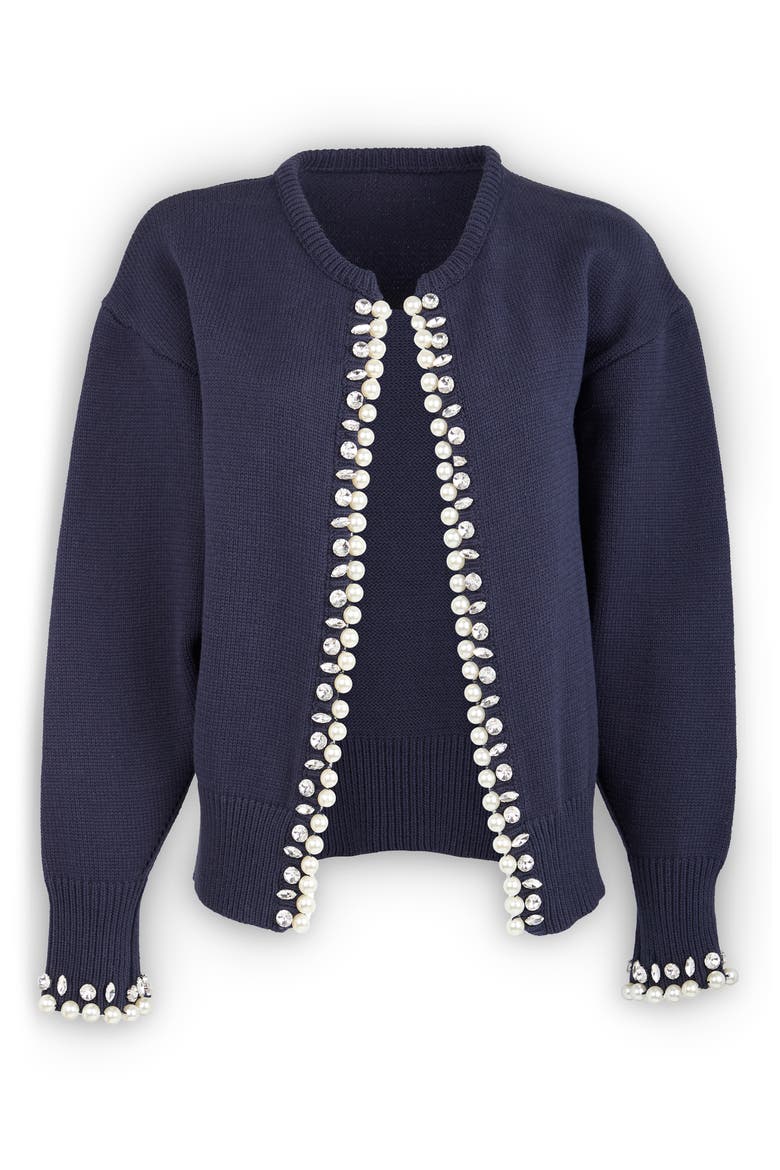 Faux Pearl & Crystal Cardigan, Alternate, color, NAVY