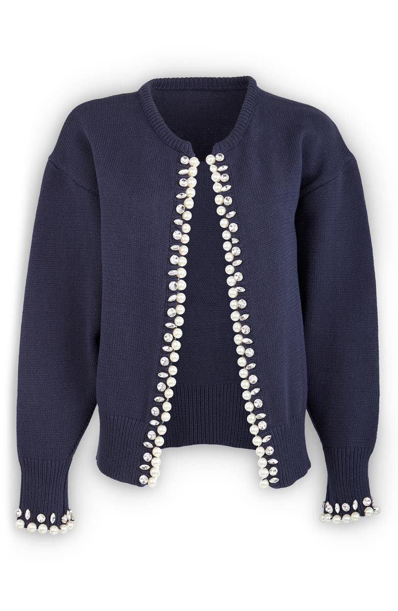 SAACHI Faux Pearl & Crystal Cardigan, Alternate, color, Navy