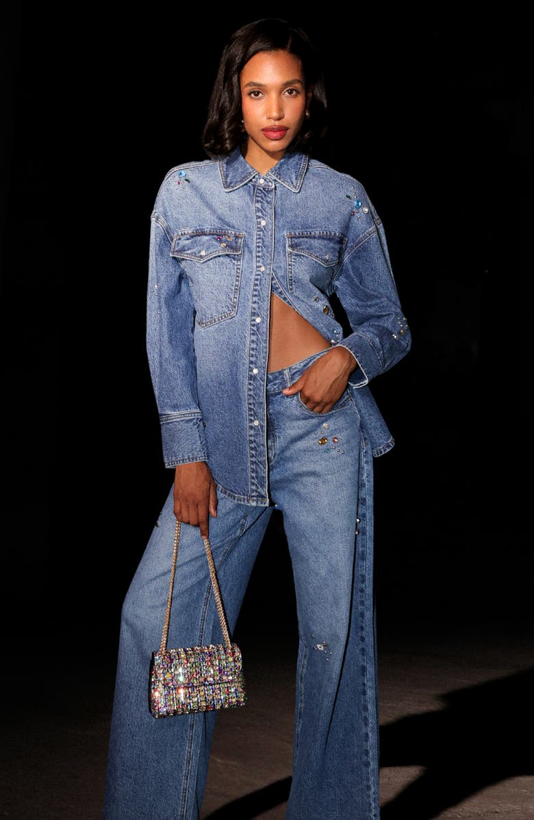 Avec Les Filles Oversize Jewel Embellished Denim Snap-Up Shirt, Alternate, color, Highside - Multicolor Gem