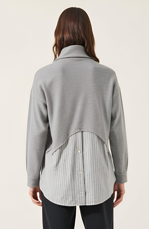 Modenaire Mixed Media Turtleneck Top With Open Back In Gray