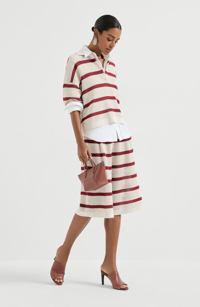 Brunello Cucinelli Cotton striped net knit polo shirt, Alternate, color, Bordeaux