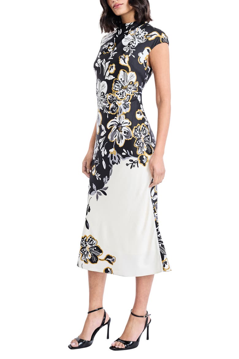 Placed Metallic Floral Midi Dress, Alternate, color, CREAM/ GREY