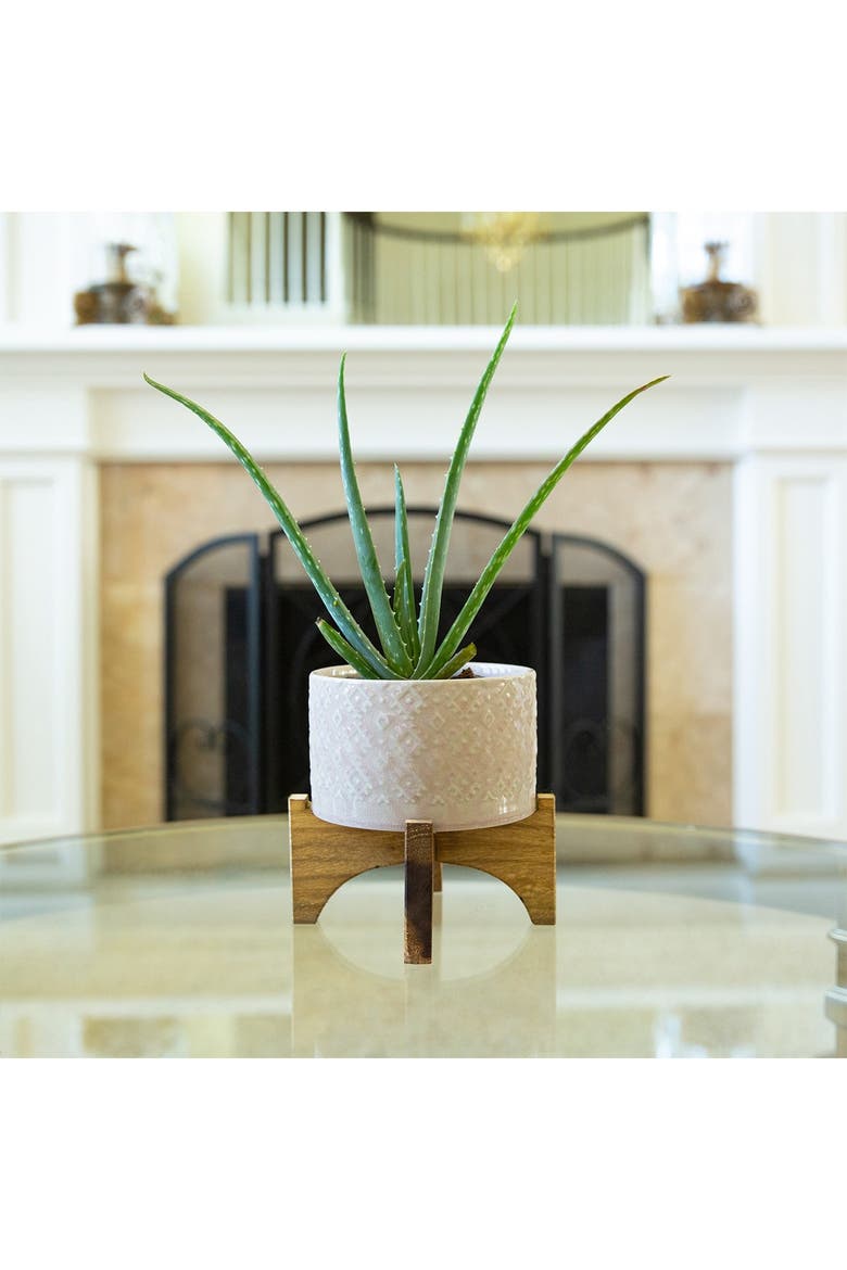 5" Geo Ceramic Planter on Wood Stand, Alternate, color, PINK