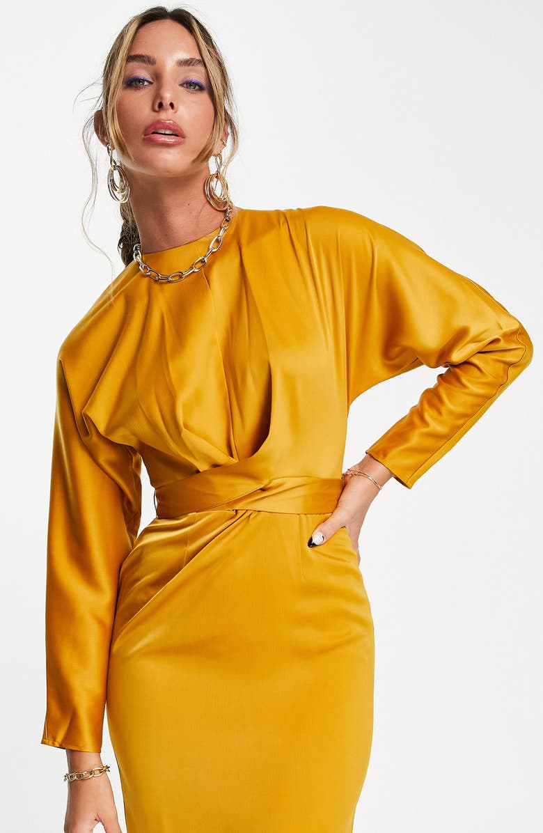 ASOS DESIGN Twist Front Long Sleeve Stretch Satin Gown, Alternate, color,