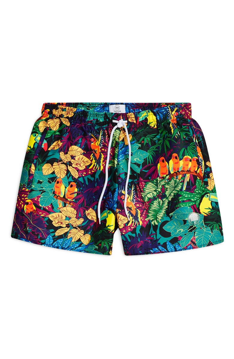 Topman Tropical Bird Print Swim Trunks, Main, color, 
