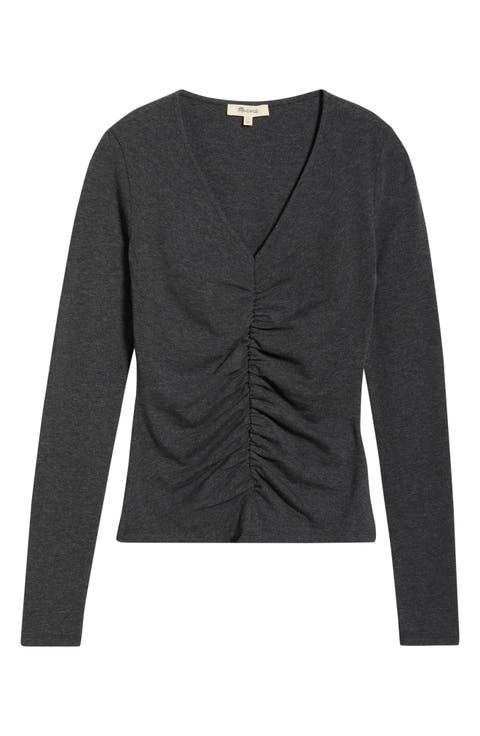 Shirred V-Neck Long Sleeve Top