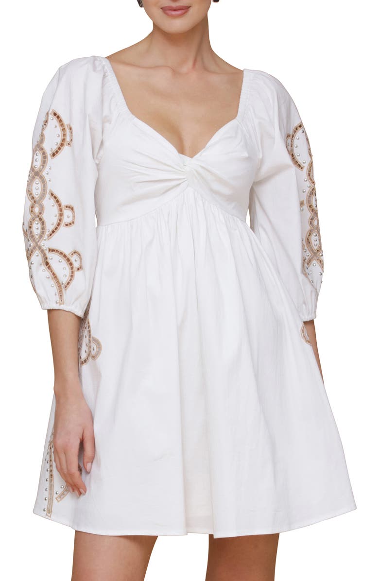 Avec Les Filles Embroidered Rhinestone Stretch Cotton Mini Sundress, Alternate, color, White