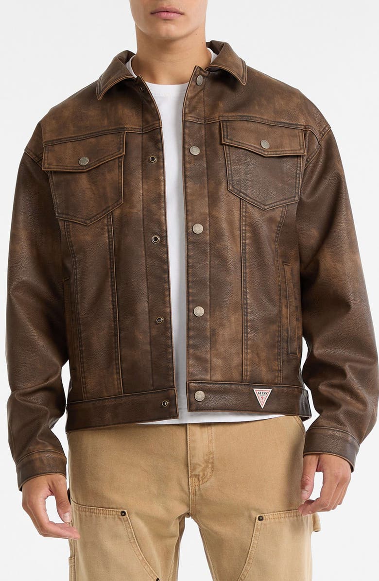 GUESS ORIGINALS Faux Leather Trucker Jacket, Main, color, Brown
