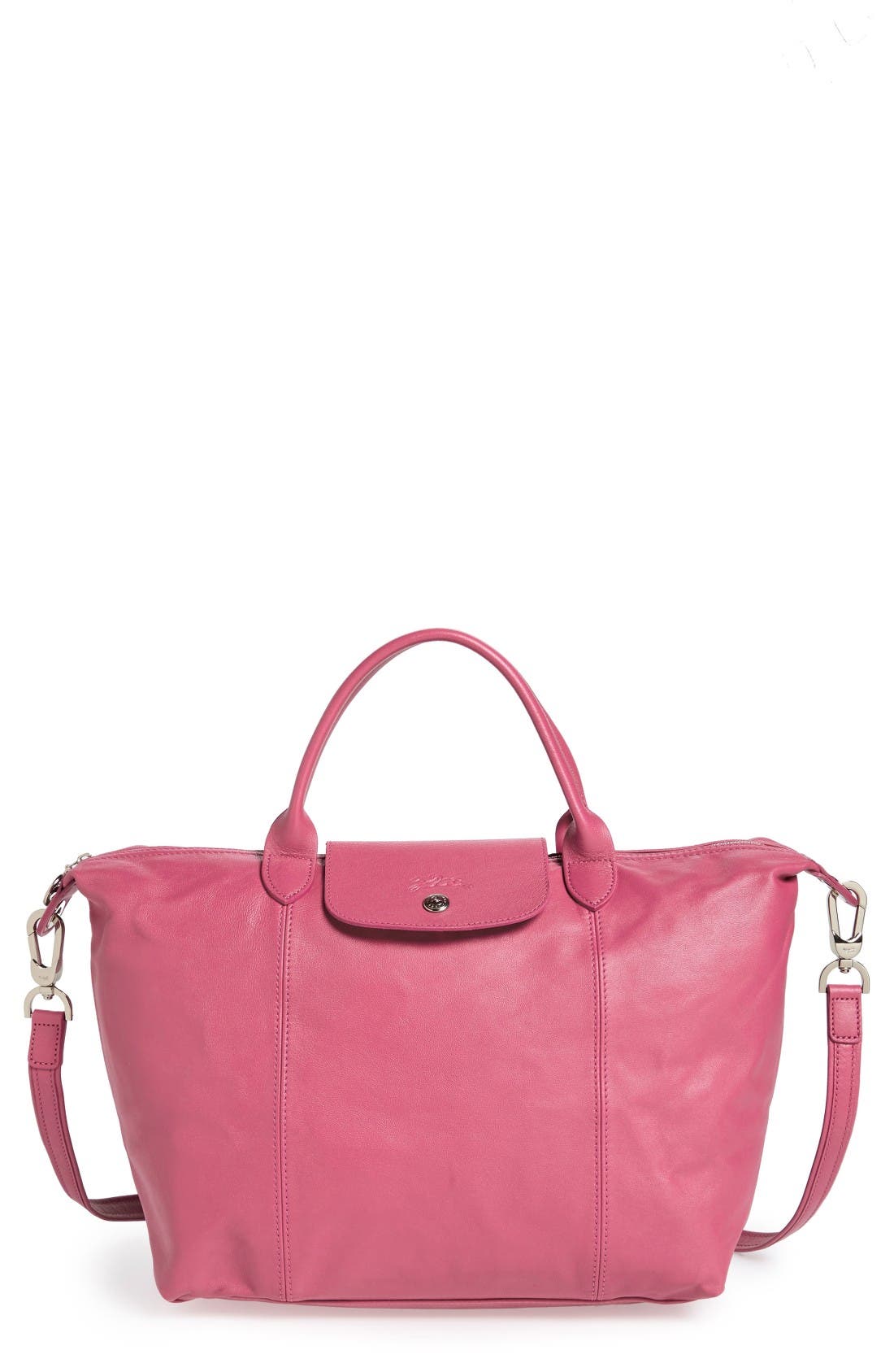 Longchamp Medium 'Le Pliage Cuir' Leather Top Handle Tote, Main, color, Peony