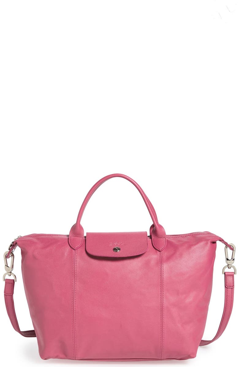 Longchamp Medium 'Le Pliage Cuir' Leather Top Handle Tote, Main, color, Peony