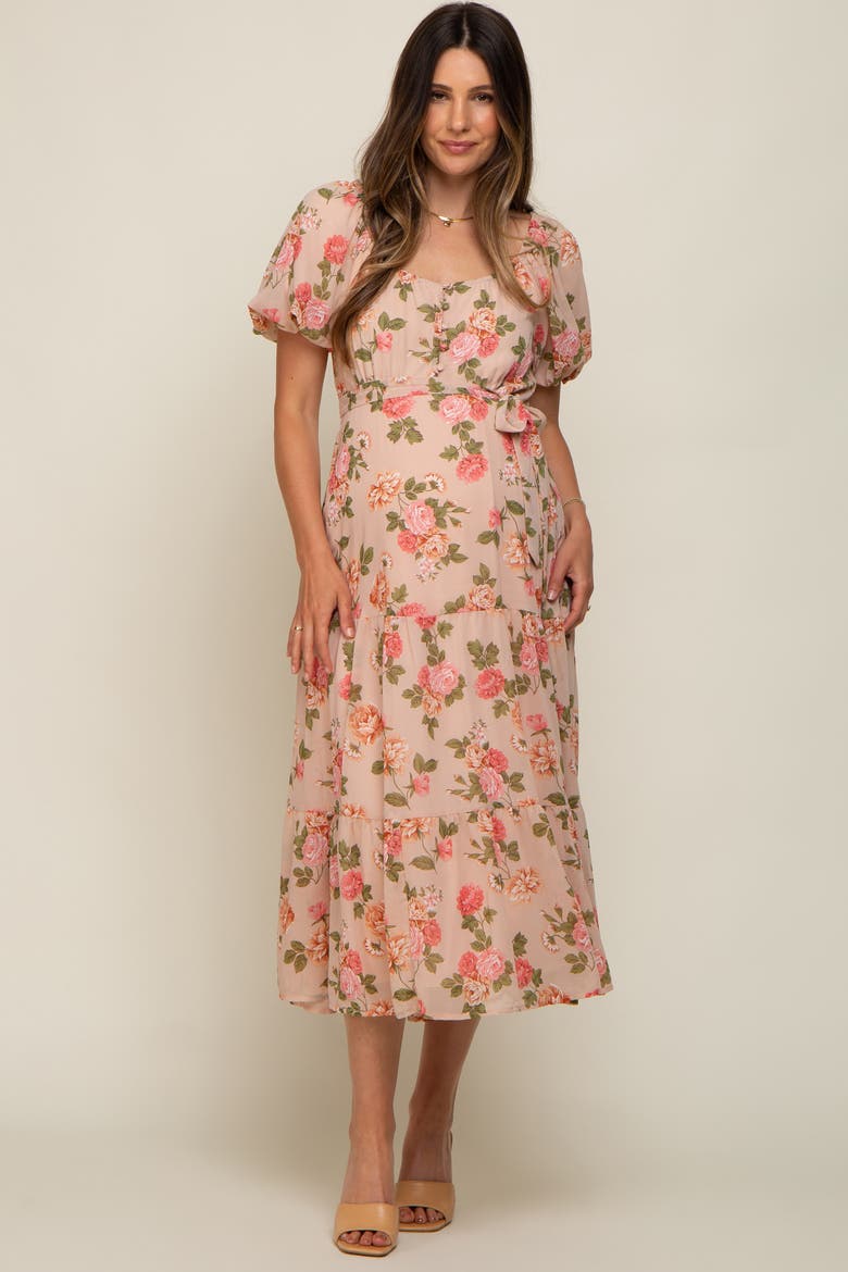 Floral Button Puff Sleeve Midi Dress, Alternate, color, Pink