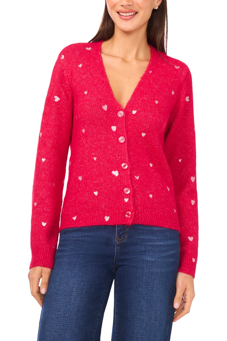 Foil Heart Cardigan, Main, color, BRIGHT ROSE