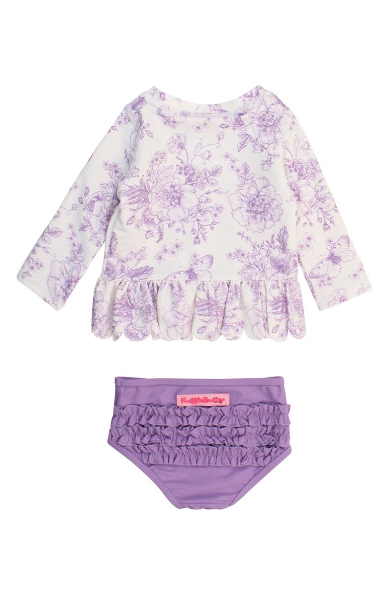 RuffleButts WIsteria Butterfly Garden Long Sleeve Two-Piece Rashguard Swimsuit, Alternate, color, Purple