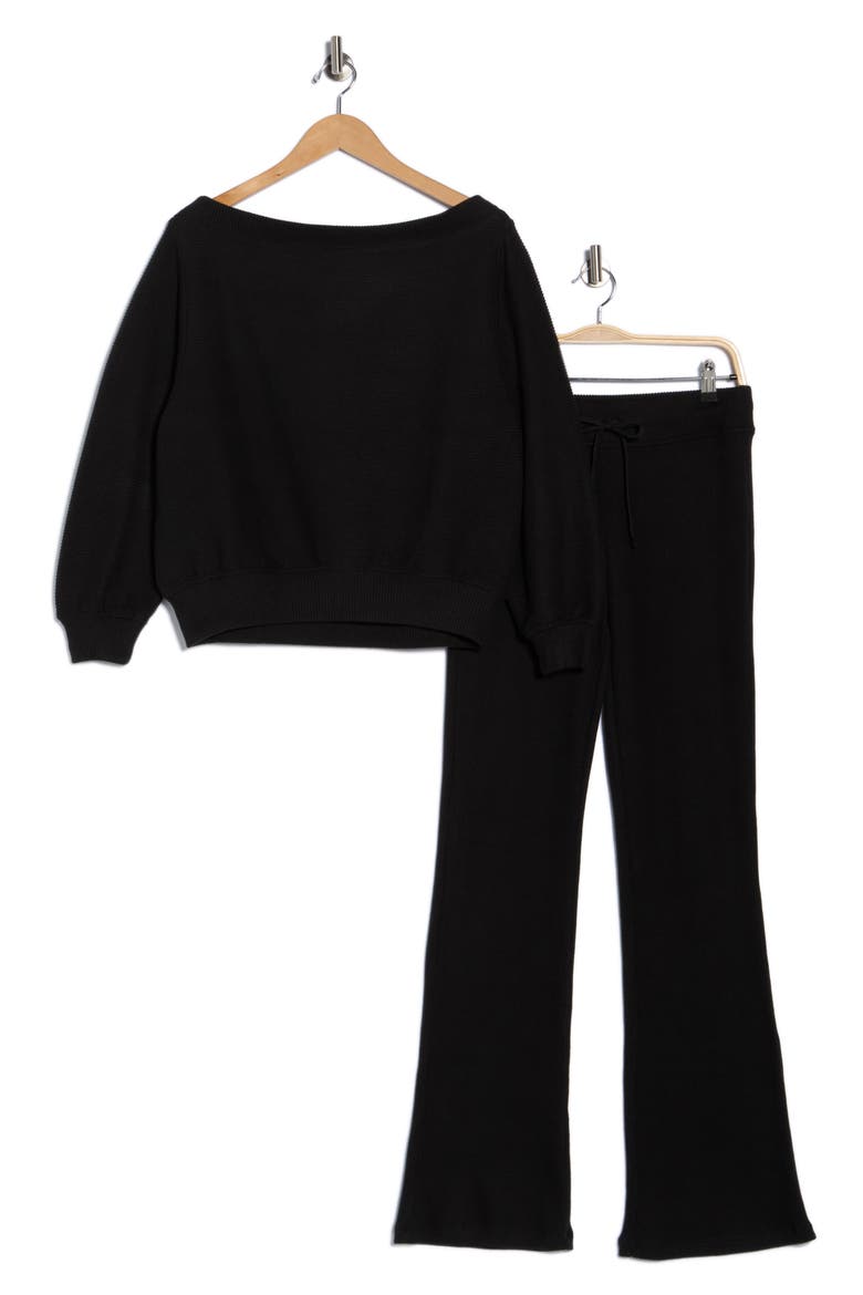 Hacci One-Shoulder Top & Flared Pants Set, Alternate, color, BLACK